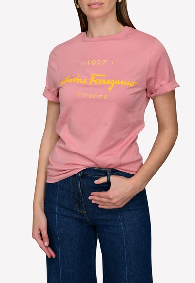 Shop Ferragamo 1927 Signature Logo Print Cotton T-shirt In Pink