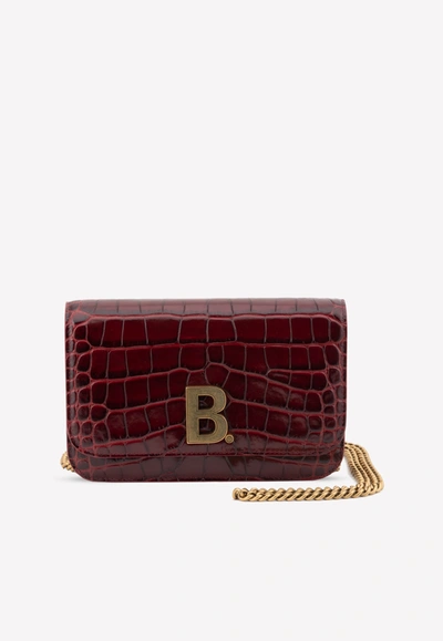 Shop Balenciaga Crocodile Embossed Calfskin Wallet On Chain Bag In Bordeaux