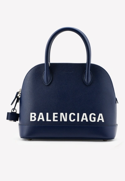 Shop Balenciaga Small Villle Top Handle Bag In Grained Calfskin In Blue