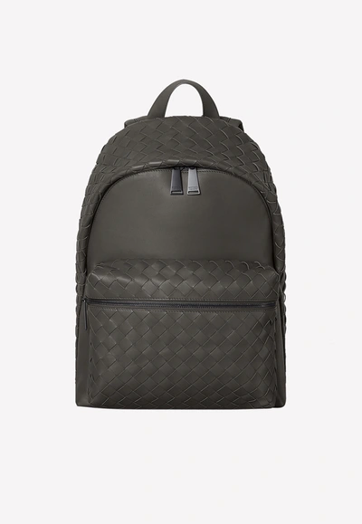 Shop Bottega Veneta Large Intrecciato Backpack In Calfskin In Grey