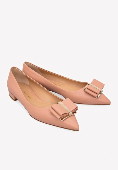 Shop Ferragamo Zeri 10 Lambskin Ballerinas With Double Bow And Plaque Logo In Pink
