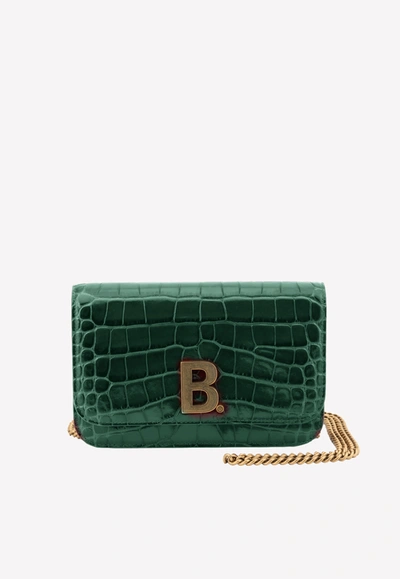 Shop Balenciaga Crocodile Embossed Calfskin Wallet On Chain Bag In Green