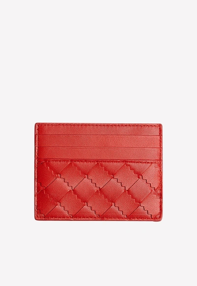 Shop Bottega Veneta Card Holder In Intrecciato Nappa Leather In Red