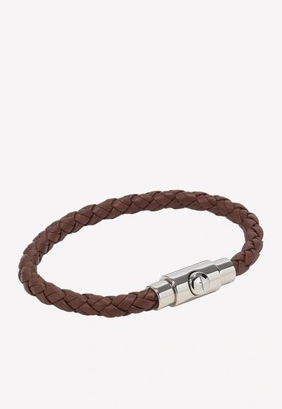 Shop Ferragamo Braided Leather Bracelet With Palladium Finishing In Brown