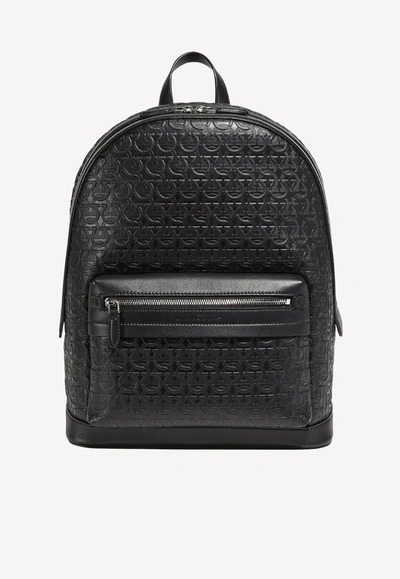 Shop Ferragamo Gancini Embossed Calfskin Leather Backpack In Black