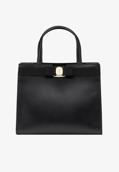 Shop Ferragamo Small Vara Bow Calfskin Top Handle Tote Bag In Black