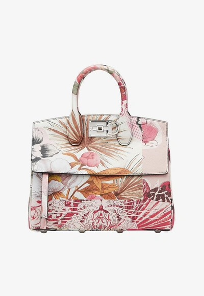 Shop Ferragamo Small Studio Calfskin Foulard-print Top Handle Bag In Multicolor