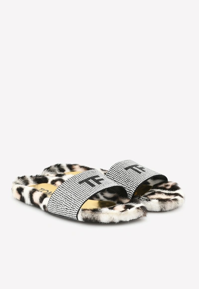 Shop Tom Ford Tf Crystal-embellished Fur Slides In Leopard Print In Multicolor