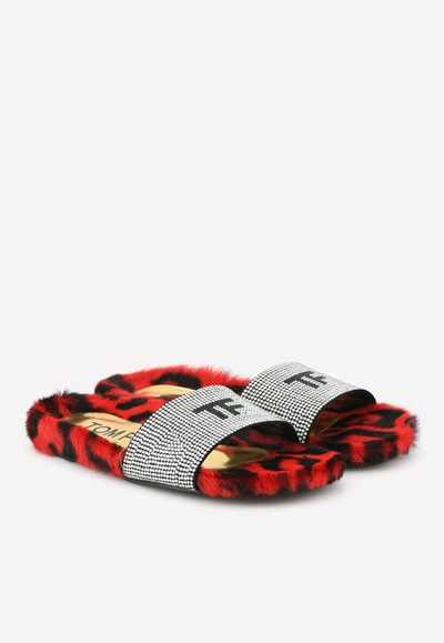 Shop Tom Ford Tf Crystal-embellished Fur Slides In Leopard Print In Red