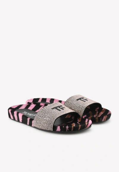 Shop Tom Ford Tf Crystal-embellished Fur Slides In Tiger Print In Pink
