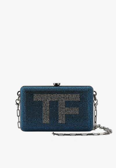 Shop Tom Ford Mini Tf Crystal-embellished Box Clutch With Chain Strap In Blue