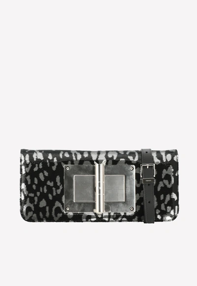 Shop Tom Ford Natalia Sequined Leather Clutch In Leopard Print In Black