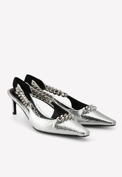 Shop Tom Ford Metallic Snake-print Leather 50 Chain Kitten Pumps In Silver