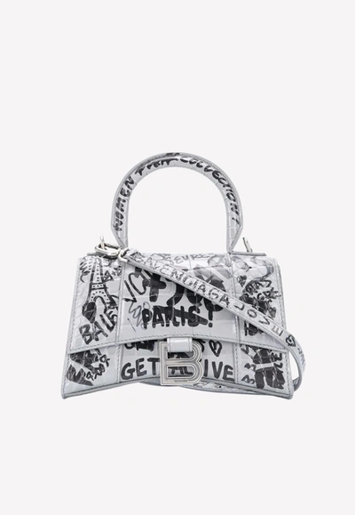 Shop Balenciaga Xs Hourglass Top Handle Bag With Graffiti Pattern In White