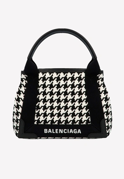 Shop Balenciaga Xs Navy Cabas Top Handle Bag With Logo In Monochrome