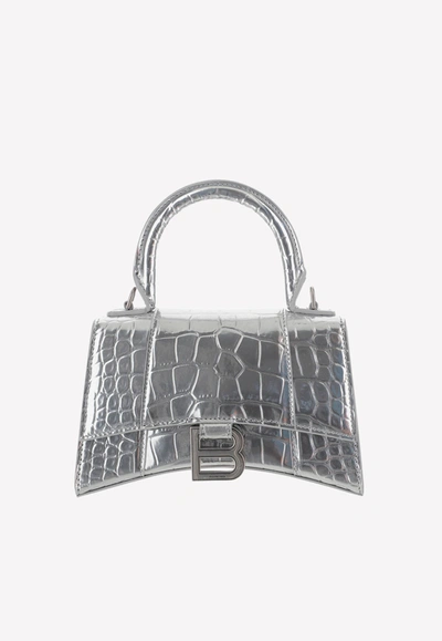 Shop Balenciaga Xs Hourglass Top Handle Crocodile Print Calfskin Bag In Silver