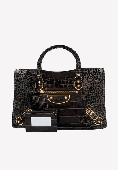 Metallic City S Shoulder Bag In Croc-embossed Calfskin In Black