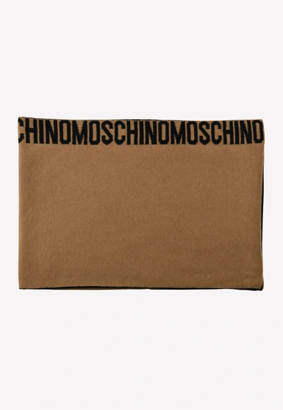 Shop Moschino Monochrome Logo Trim Wool Scarf In Beige