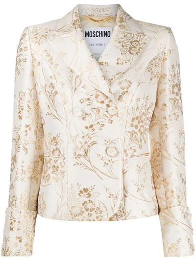 Shop Moschino Jacquard Double-breasted Blazer In Neutrals