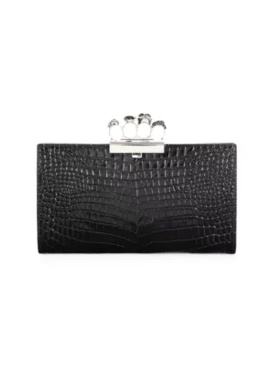 Shop Alexander Mcqueen Skull Four-ring Croc-embossed Leather Flat Pouch In Black