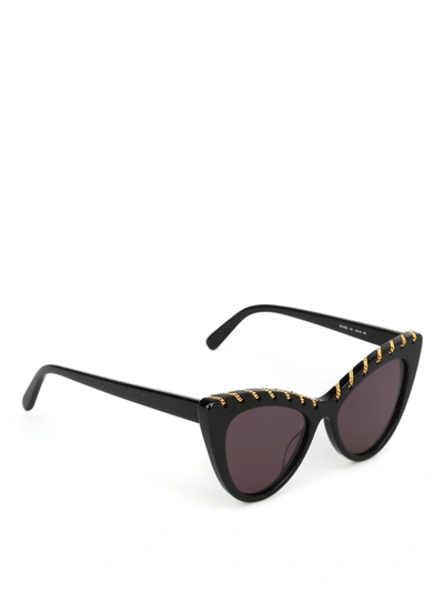 Shop Stella Mccartney Black Cat Eye Sunglasses With Gold Chain