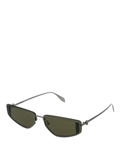 Shop Alexander Mcqueen Green Lens Ruthenium Sunglasses In Metallic