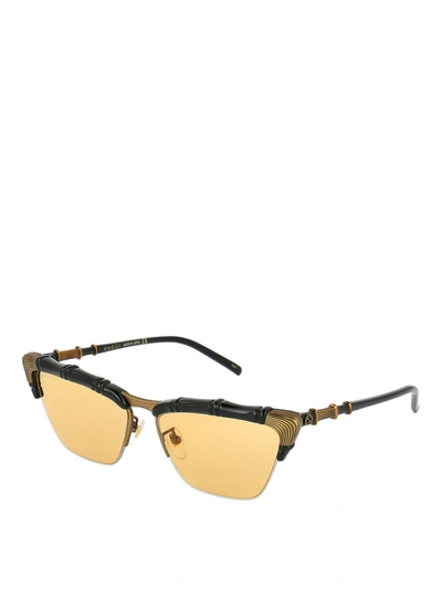 Shop Gucci Bamboo Effect Sunglasses With Yellow Lenses In Black