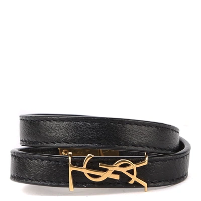 Shop Saint Laurent Opyum Double Bracelet In Smooth Leather In Black