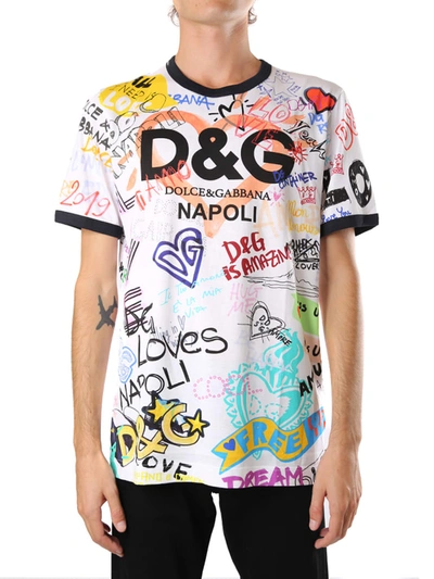 Dolce & Gabbana Napoli Cotton T-shirt With Graffiti Print In  White-multicolor | ModeSens