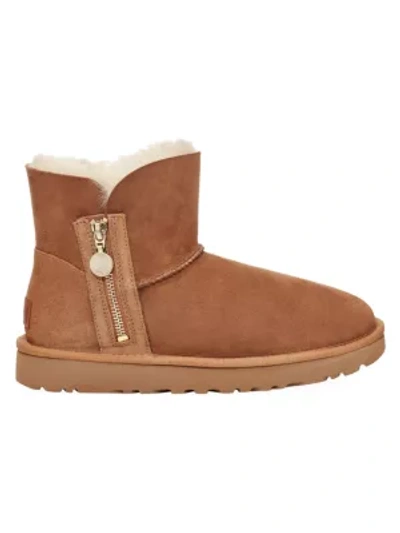 Shop Ugg Mini Bailey Zip Sheepskin-lined Suede Boots In Chestnut