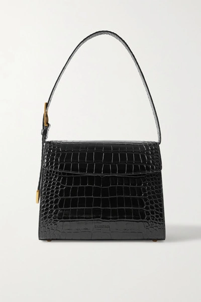 Shop Balenciaga Ghost Medium Croc-effect Leather Shoulder Bag In Black