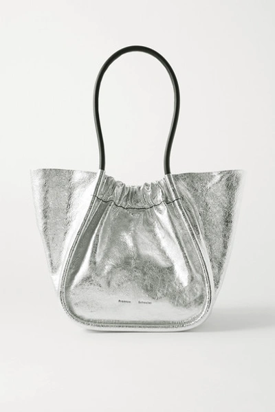 Shop Proenza Schouler Large Ruched Metallic Crinkled-leather Tote In Silver
