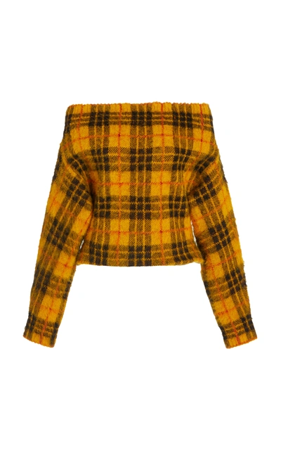 Shop Monse Tartan Plaid Off-the-shoulder Sweater In Yellow