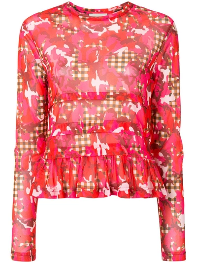 Shop Molly Goddard Floral Check Print Peplum Top In Pink
