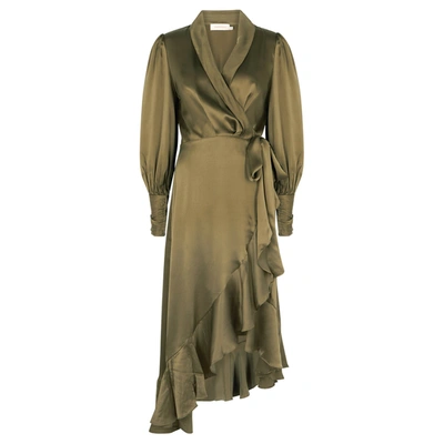 Shop Zimmermann Olive Ruffle-trimmed Silk Wrap Dress In Light Green