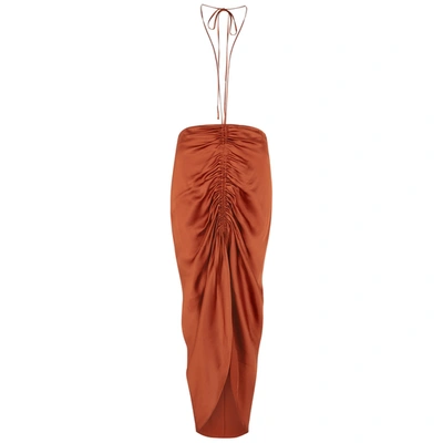 Shop Dion Lee Terracotta Gathered Satin Midi Skirt