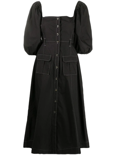 Shop Ganni Puff-sleeve Shirt Dress In Black