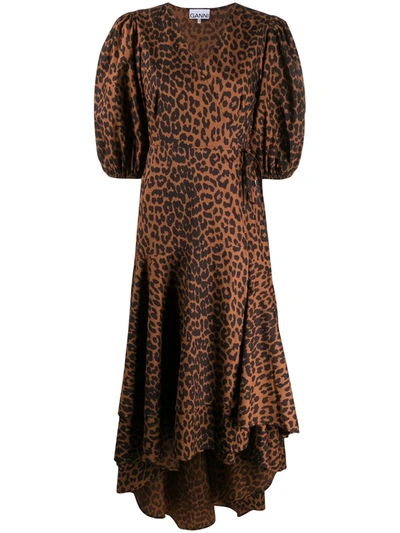 Shop Ganni Leopard Print High-low Hem Dress In Brown
