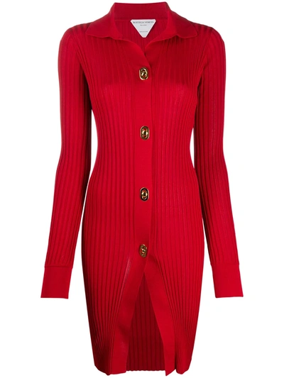 Shop Bottega Veneta Silk Ribbed-detail Cardigan In Red