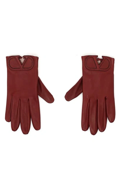 Shop Valentino Vlogo Lambskin Leather Gloves In Cherry