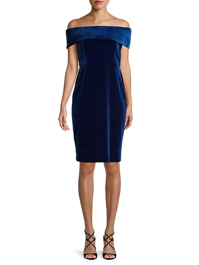 Shop Calvin Klein Off-the-shoulder Velvet Dress In Sapphire