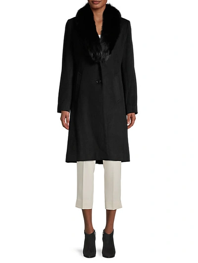 Shop Sofia Cashmere Fox Fur-collar Knee-length Wool-blend Coat In Black
