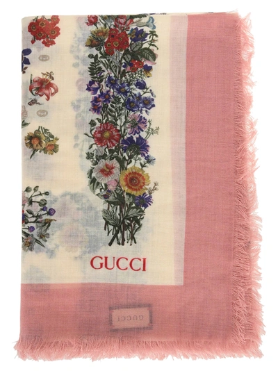 Shop Gucci Floral Motif Wool Shawl In Ivory/pink