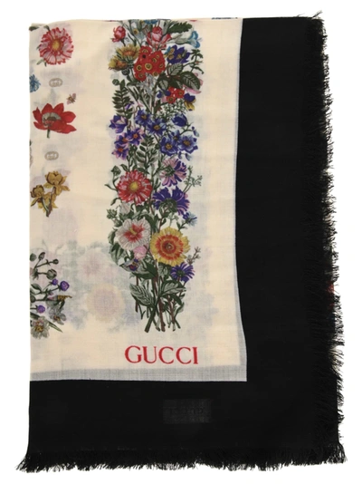 Shop Gucci Floral Motif Wool Shawl In Ivory/black