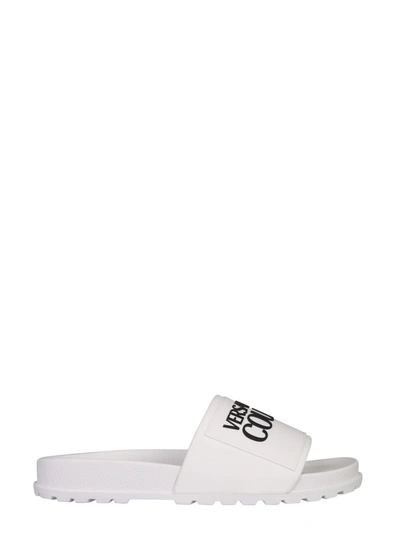 Shop Versace Jeans Couture Slide Sandals With Logo In Bianco