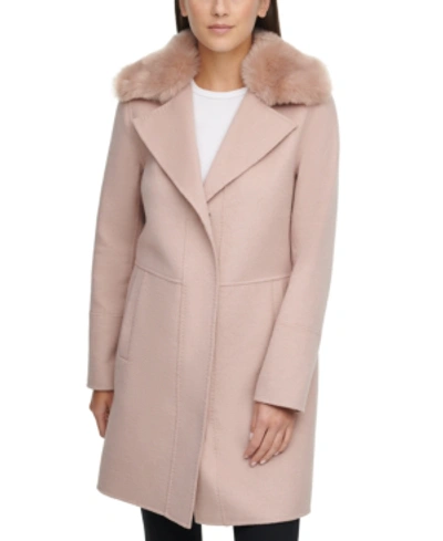 Shop Kenneth Cole Petite Faux-fur-collar Walker Coat, Created For Macy's In Blush