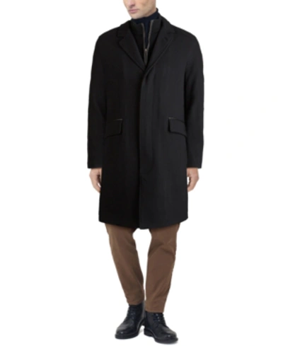 Shop Cole Haan Men's Layered Look Classic-fit Twill Topcoat With Faux-leather Trim In Black