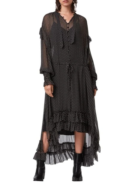 Shop Allsaints Lara Dot Long Sleeve High/low Dress In Black