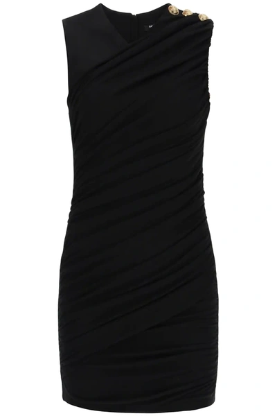 Shop Balmain Draped Short Dress In Black