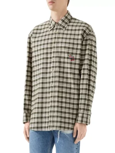 Shop Gucci Men's Check Cotton Shirt With Cat Patch In Green Ivory Flannel